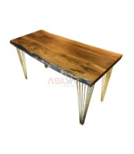 Altın Renk Metal Ayaklı Ceviz Doğal Ahşap Yemek Mutfak Masası