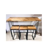 Siyah Metal Bingolu Firkete Ayaklı Üç Tabureli Ceviz Doğal Ahşap Bar Masa Takımı