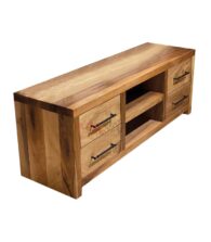 İki Raf Dört Çekmeceli Doğal Ahşap Ceviz TV Ünitesi