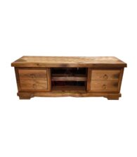 İki Raf Dört Çekmeceli Halka Kulp Detaylı Ceviz Doğal Ahşap TV Ünitesi