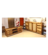 Hasır ve Halka Kulp Detaylı Doğal Ahşap Ceviz Konsol ve TV Ünitesi Takımı