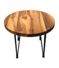 Siyah Metal Bingolu Firkete Ayaklı Ceviz Doğal Ahşap Yuvarlak Yan Sehpa