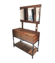 Siyah Metal Profilli İki Çekmeceli Geniş Alt Raflı Doğal Ceviz Aynalı Dresuar